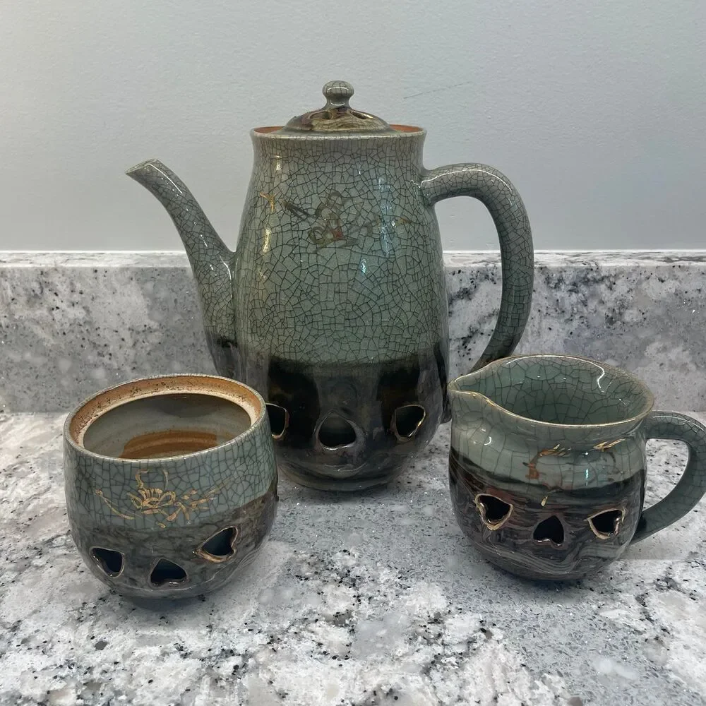 Vintage Somayaki Soma Ware Crackle Teapot Cream Sugar Double Wall Gold Horse